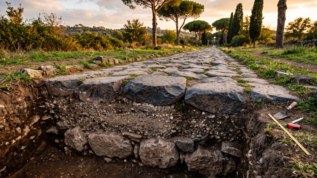 A Via Apia romana foi construída em quatro camadas com pedra, cascalho, areia e laje